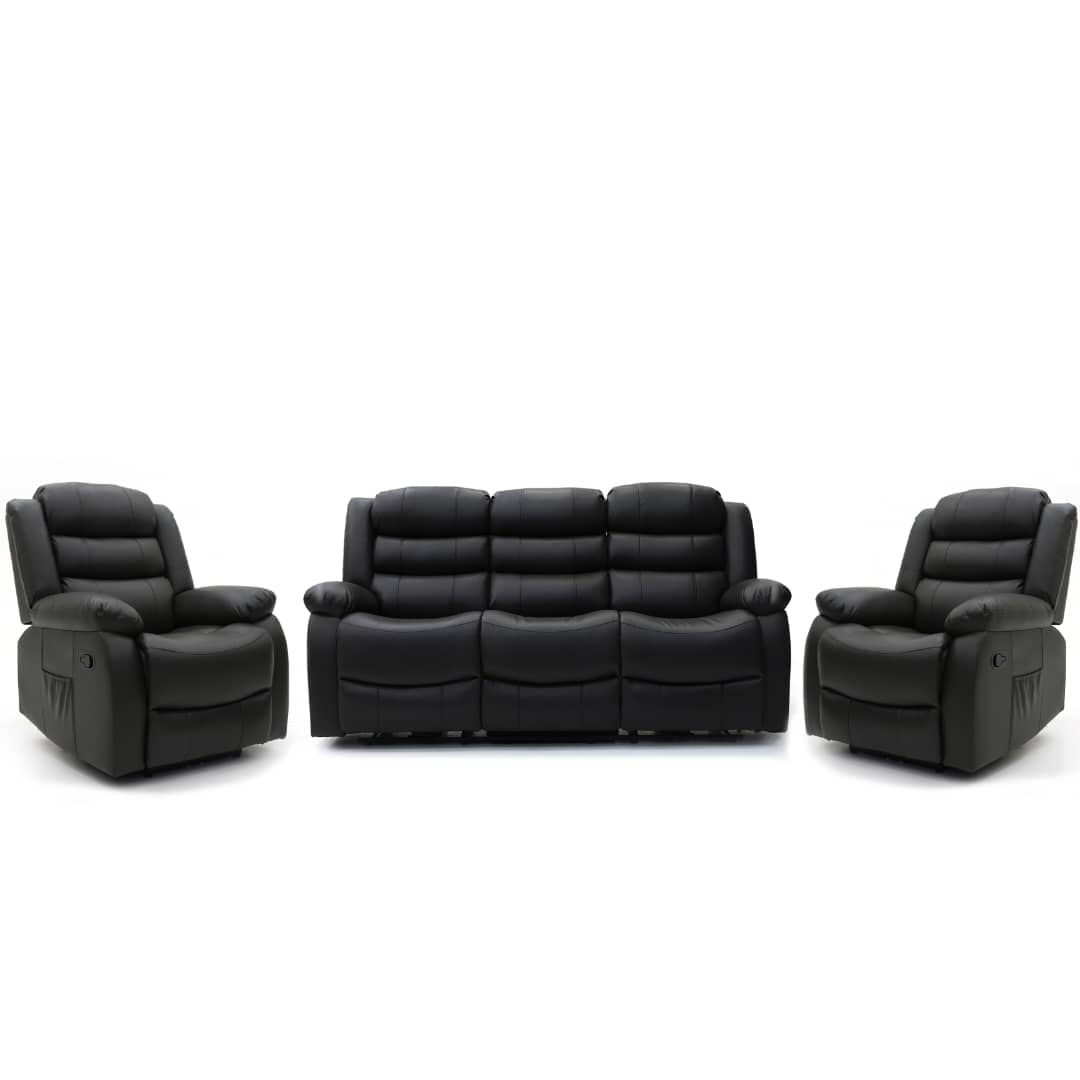 Augusta 3 Seater and 2 Chairs Manual Recliner Black Leather