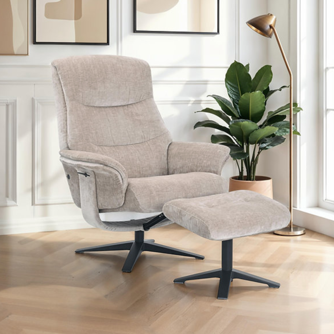 Hudson Swivel Chair and Footstool in Husk Beige Fabric
