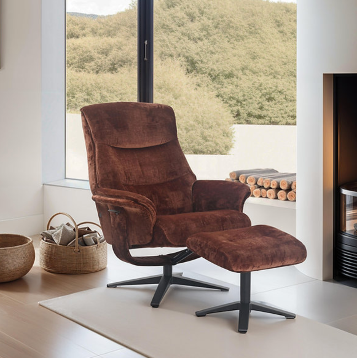 Hudson Swivel Chair and Footstool in Brandy Brown Fabric
