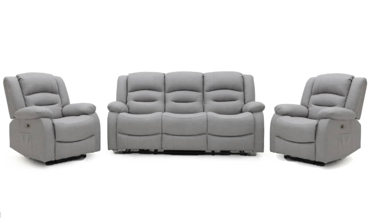 Ace 3 Seater and 2 Chairs Power Recliner Light Grey Fabric